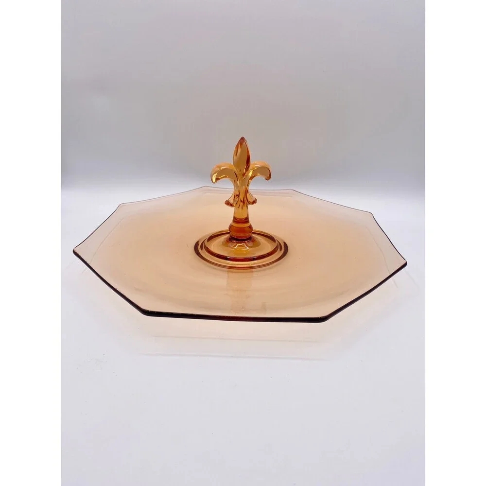 Fostoria Pioneer Amber Glass Serving Dish: Fleur de Lis Handle, Octagon 12”
